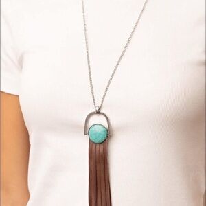Chic Silver Necklace with Turquoise Pendant and Brown Tassel
